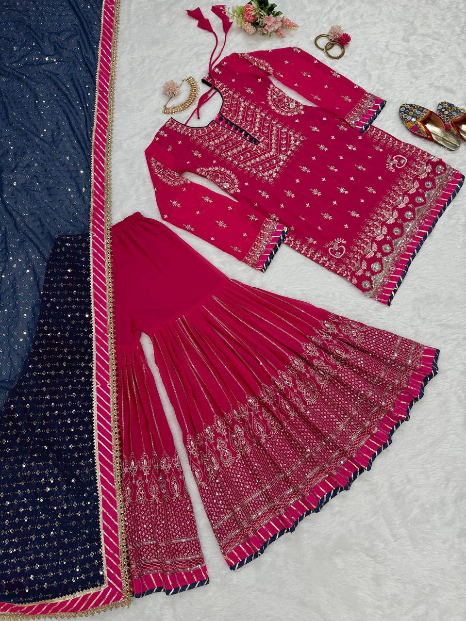 Glimmering Thread With Sequence Pink Sharara Suit
