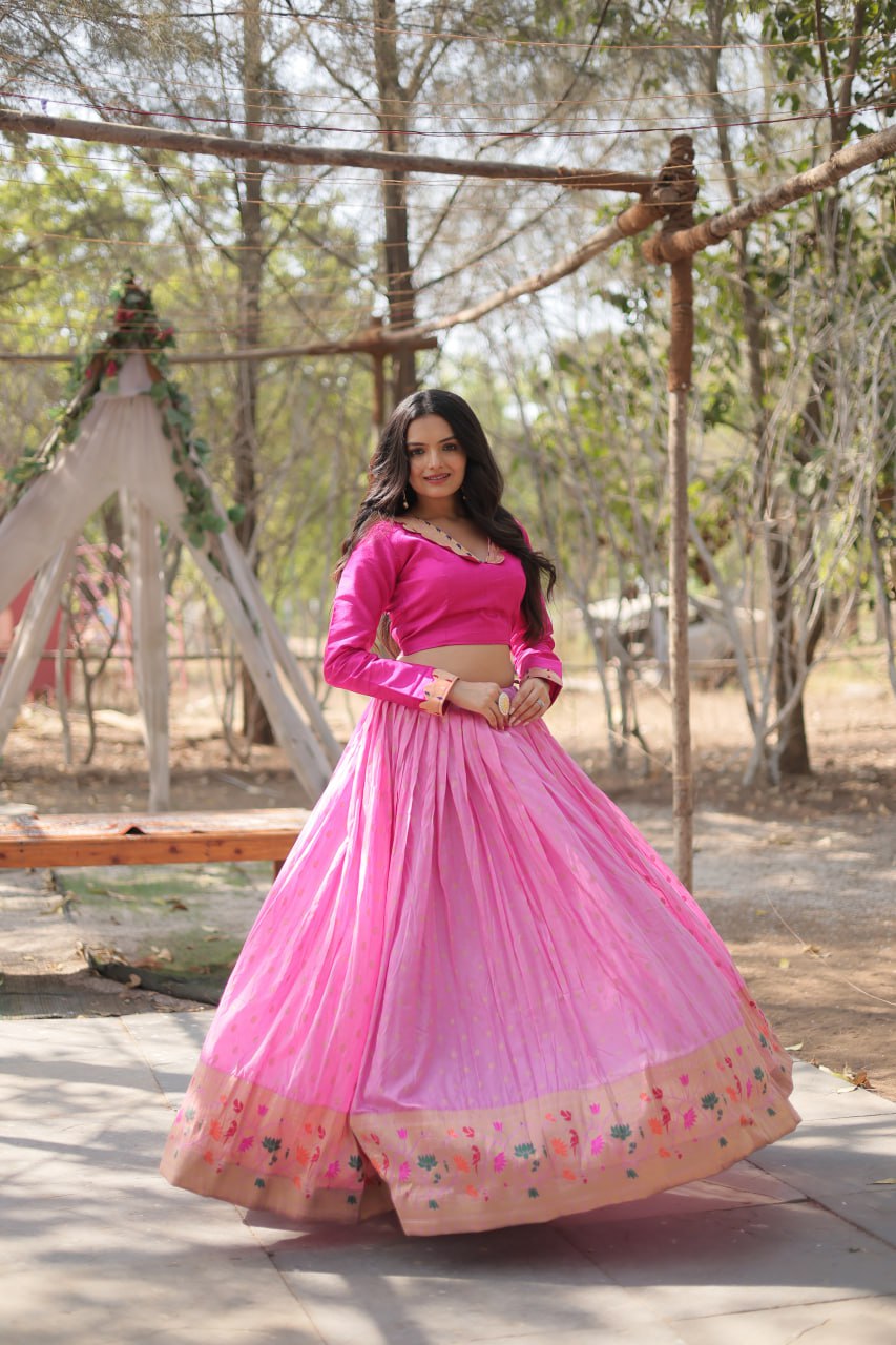 Fantastic Pink Color Kalamkari Zari Border Lehenga Choli