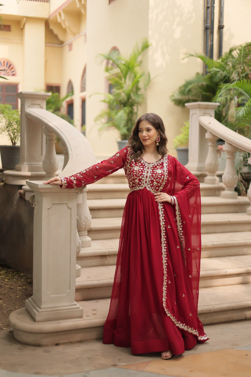 Maroon Color Zari Embroidered Work Designer Gown