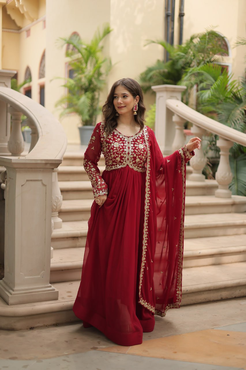 Maroon Color Zari Embroidered Work Designer Gown