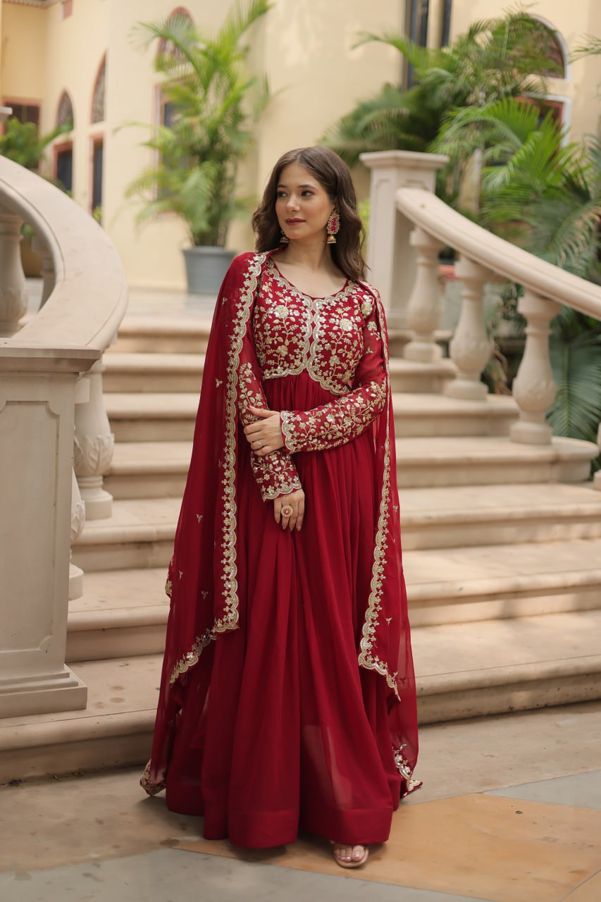 Maroon Color Zari Embroidered Work Designer Gown