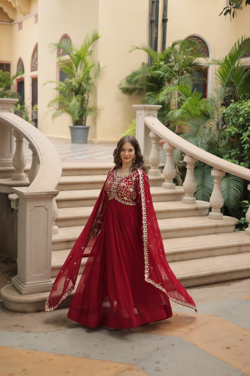 Maroon Color Zari Embroidered Work Designer Gown