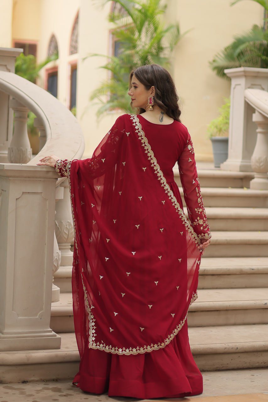 Maroon Color Zari Embroidered Work Designer Gown