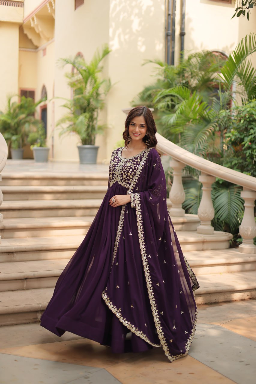 Wine Color Zari Embroidered Work Designer Gown