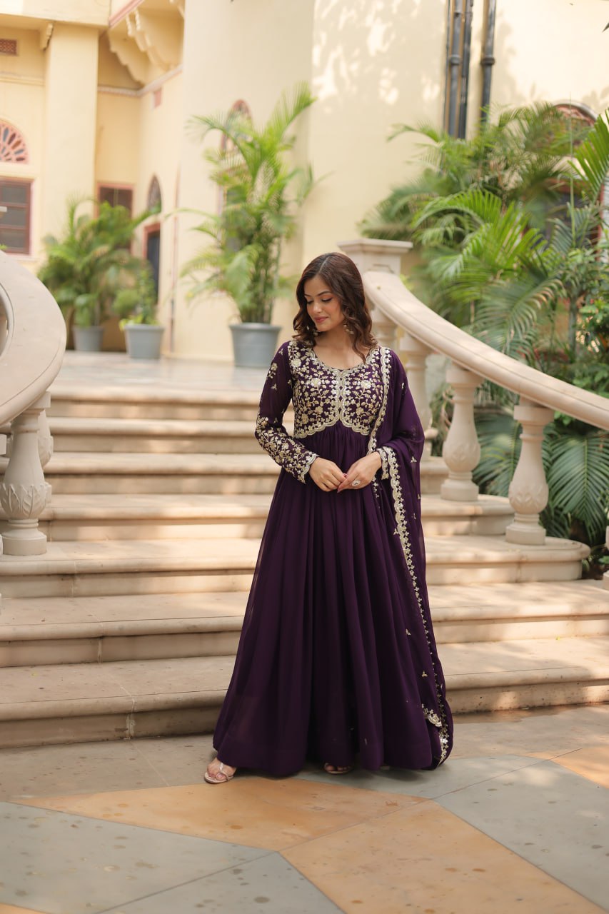 Wine Color Zari Embroidered Work Designer Gown