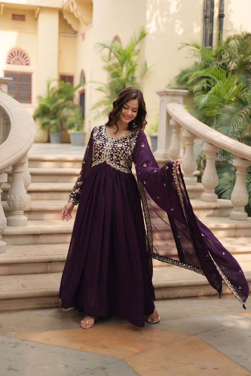 Wine Color Zari Embroidered Work Designer Gown