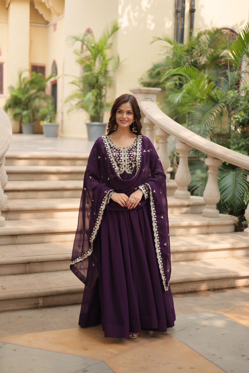 Wine Color Zari Embroidered Work Designer Gown