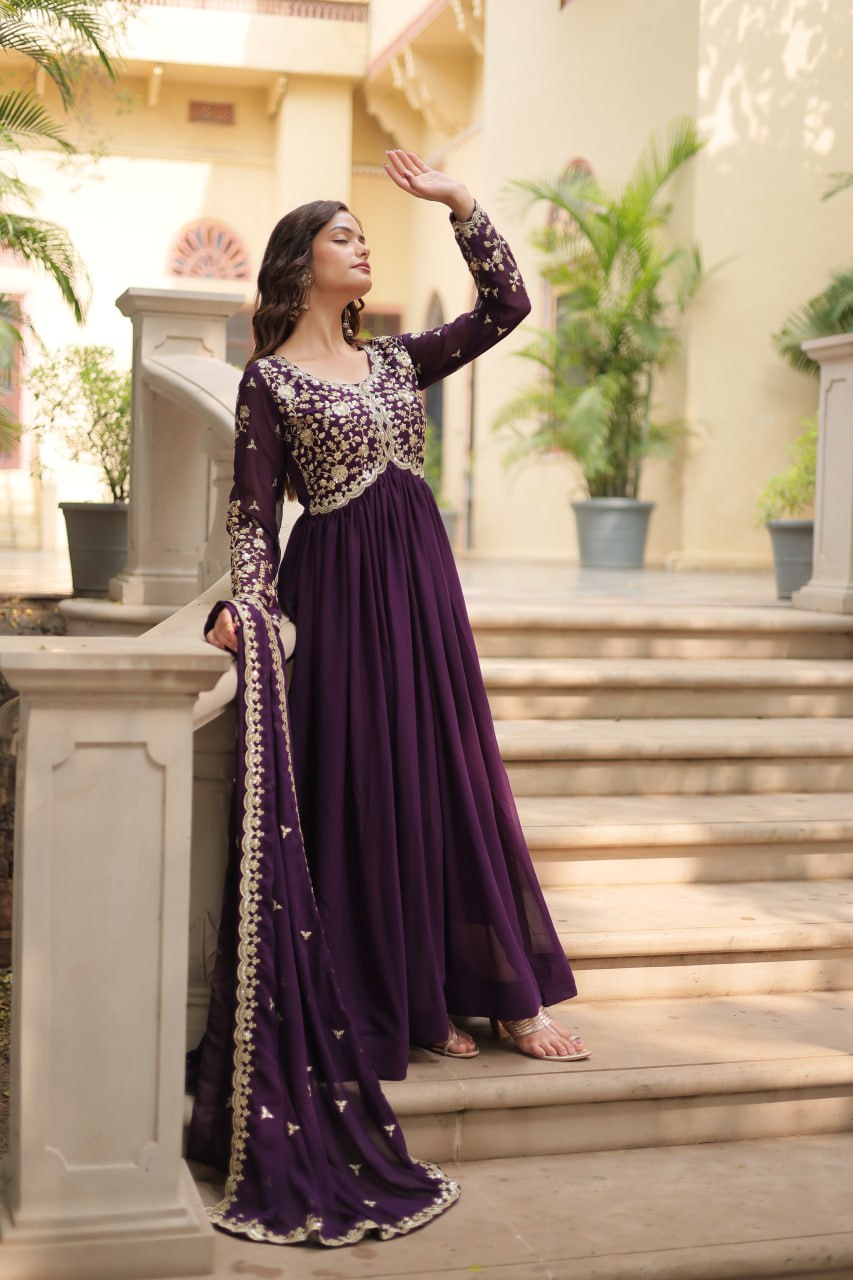 Wine Color Zari Embroidered Work Designer Gown