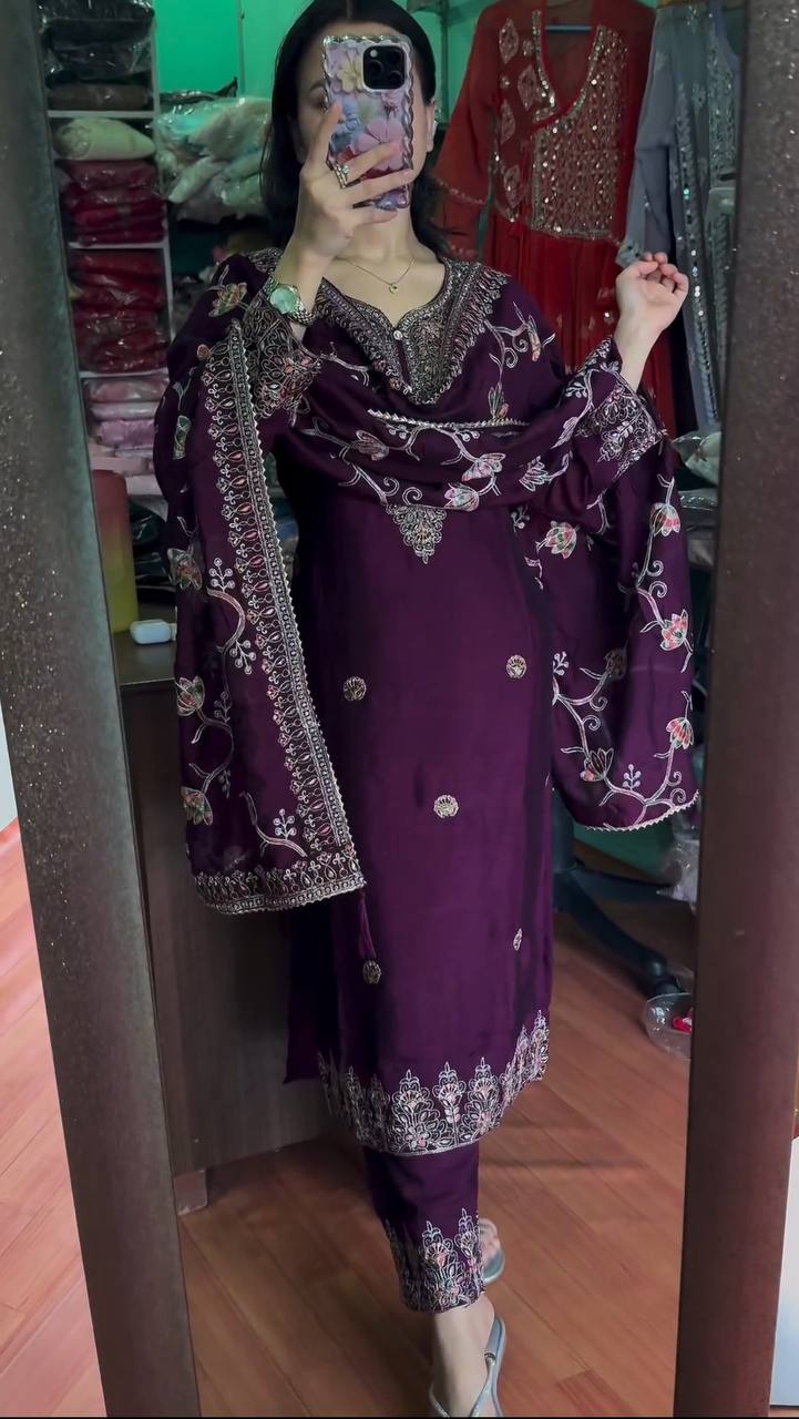 Wine Color Sequence Work Salwar Suit