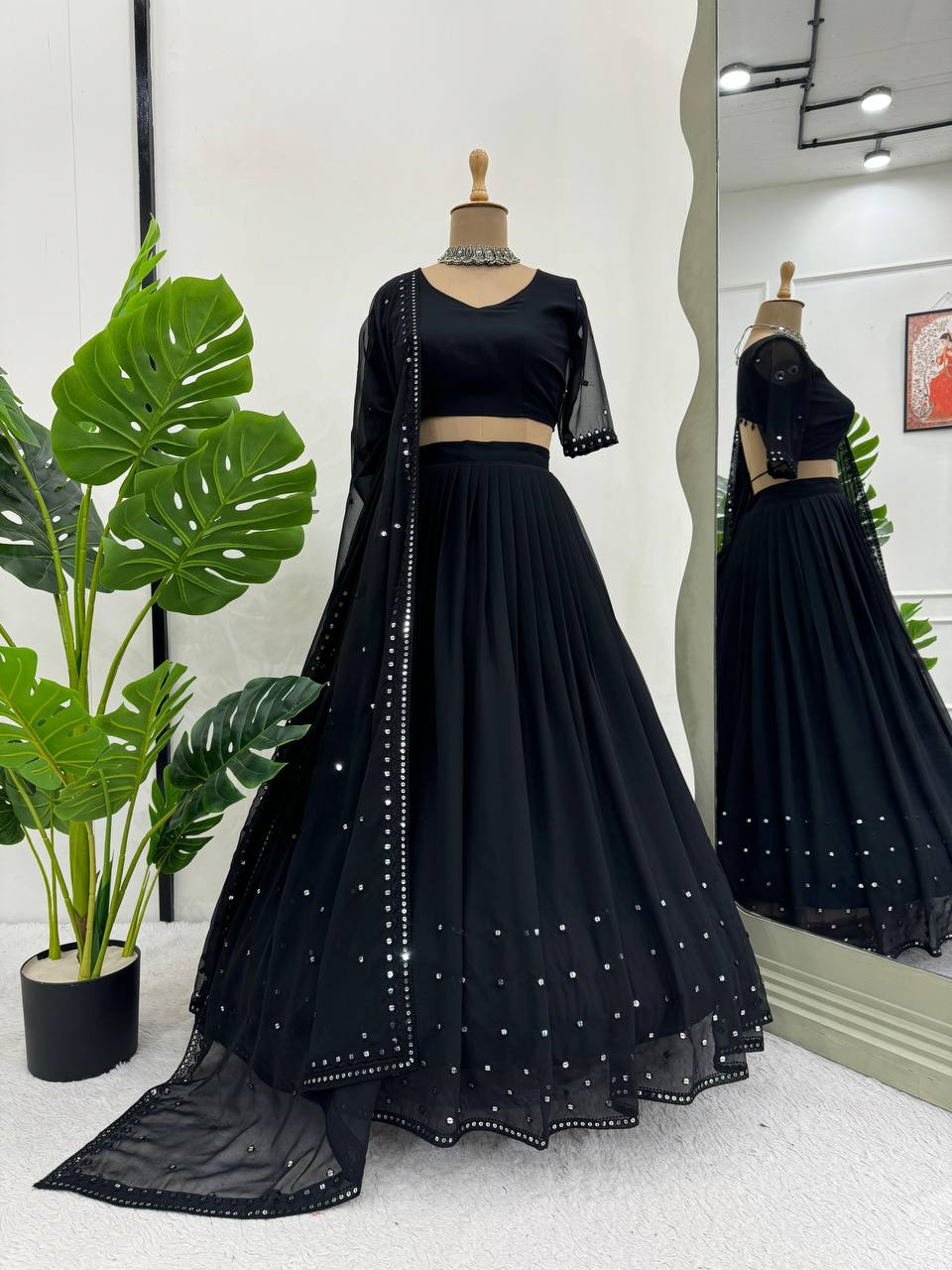 Party Wear Thread With 9mm Sequence Work Black Color Lehenga Choli