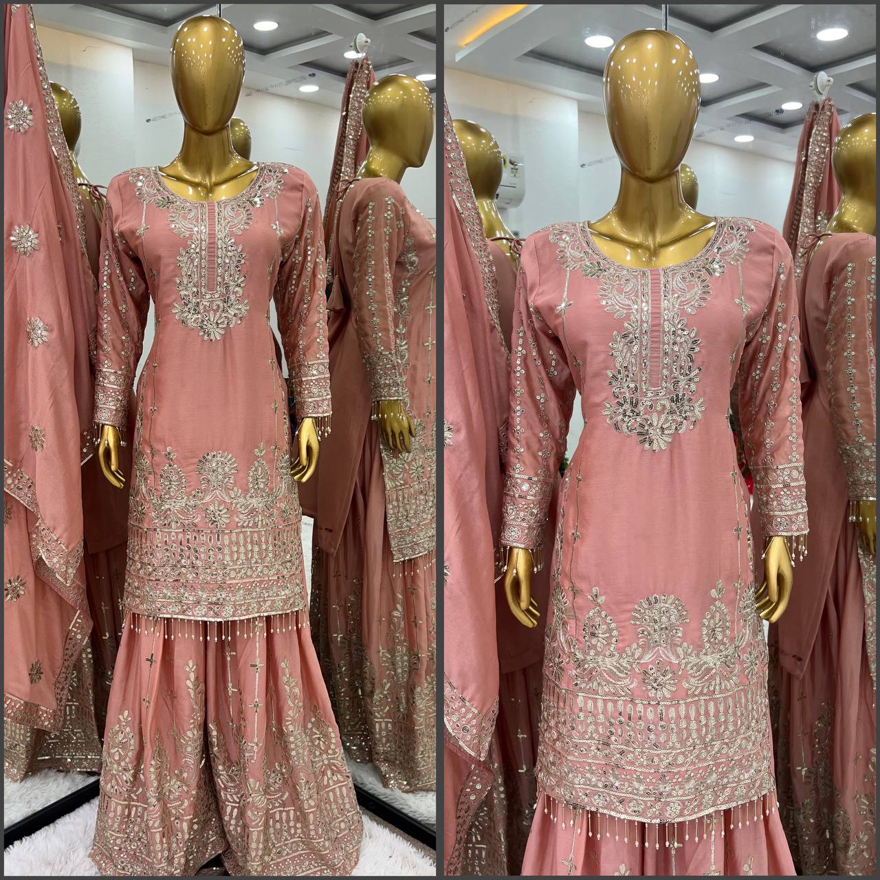 Festive Wear Peach Color Work Top Bottom And Dupatta Set