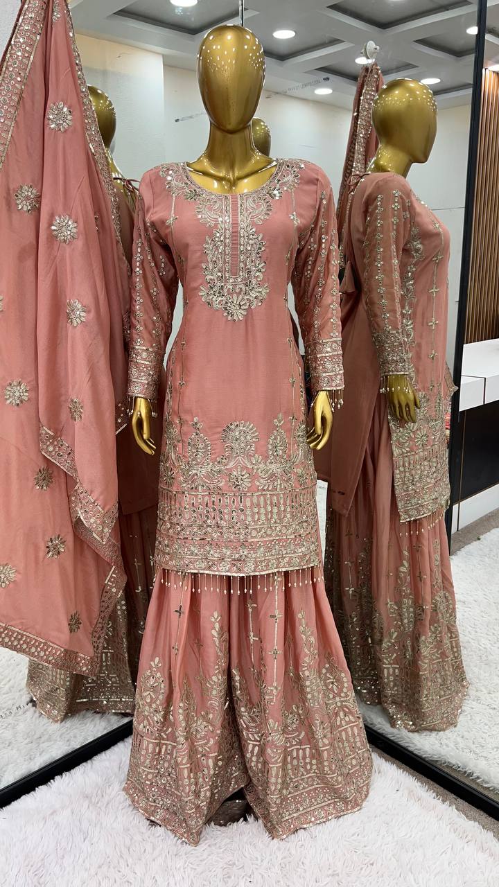 Festive Wear Peach Color Work Top Bottom And Dupatta Set