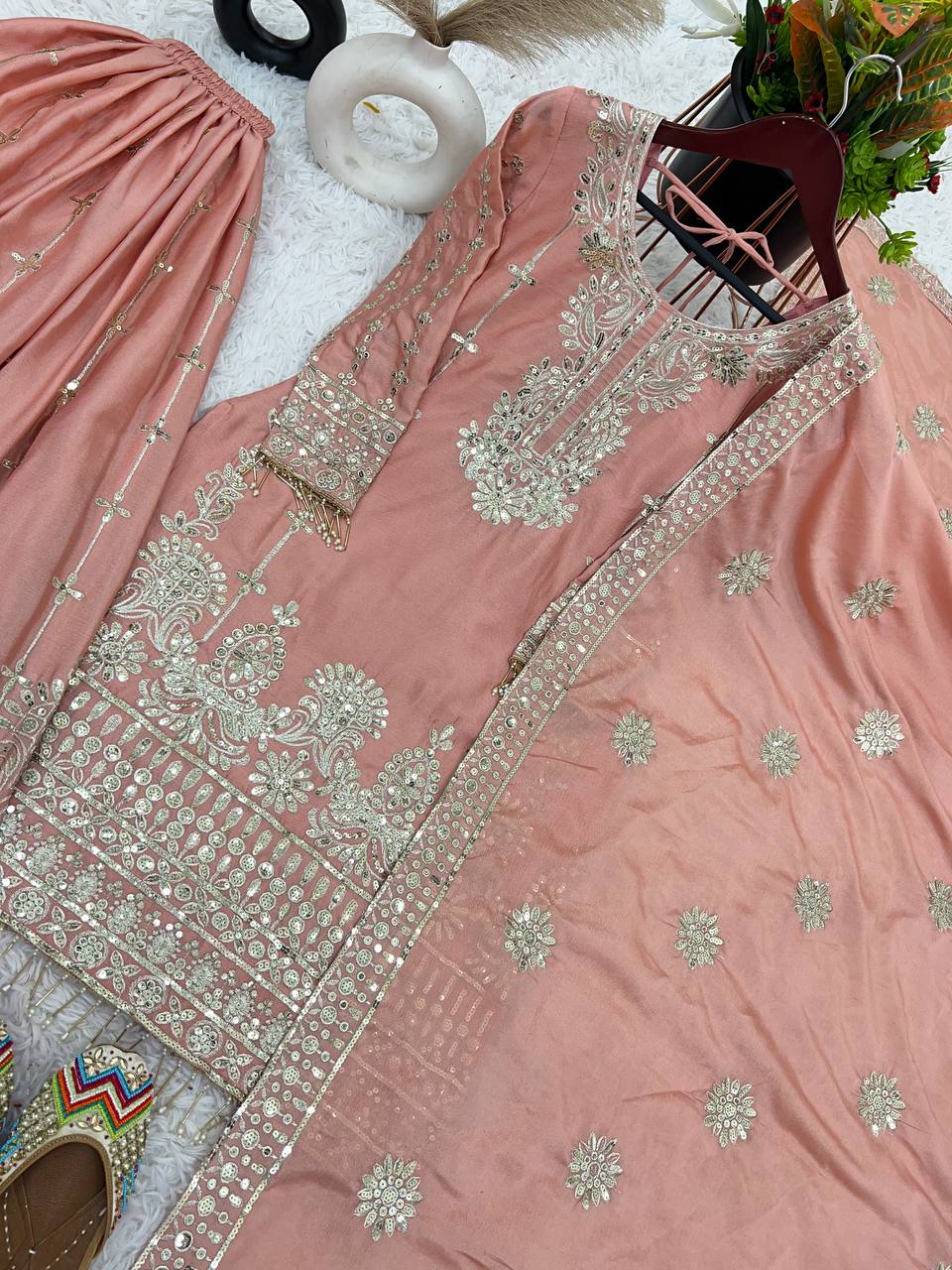 Festive Wear Peach Color Work Top Bottom And Dupatta Set