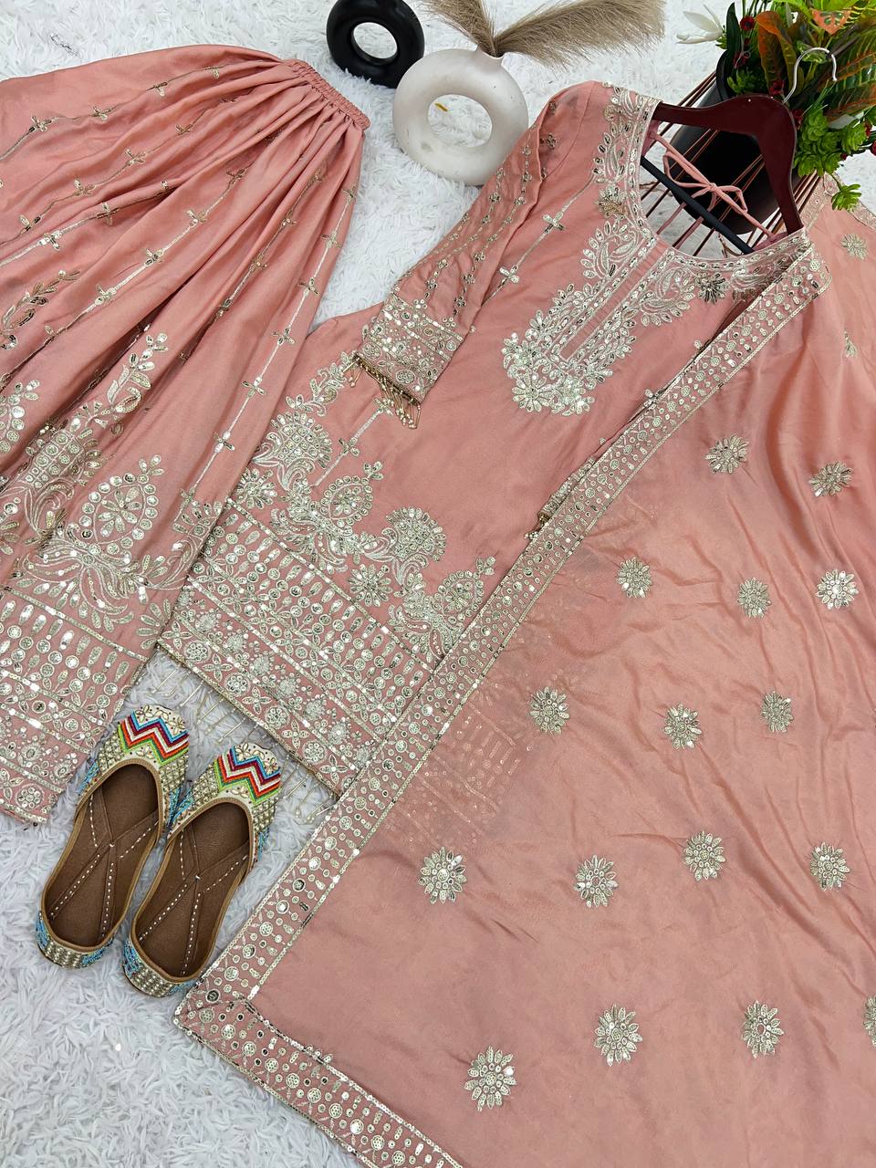 Festive Wear Peach Color Work Top Bottom And Dupatta Set