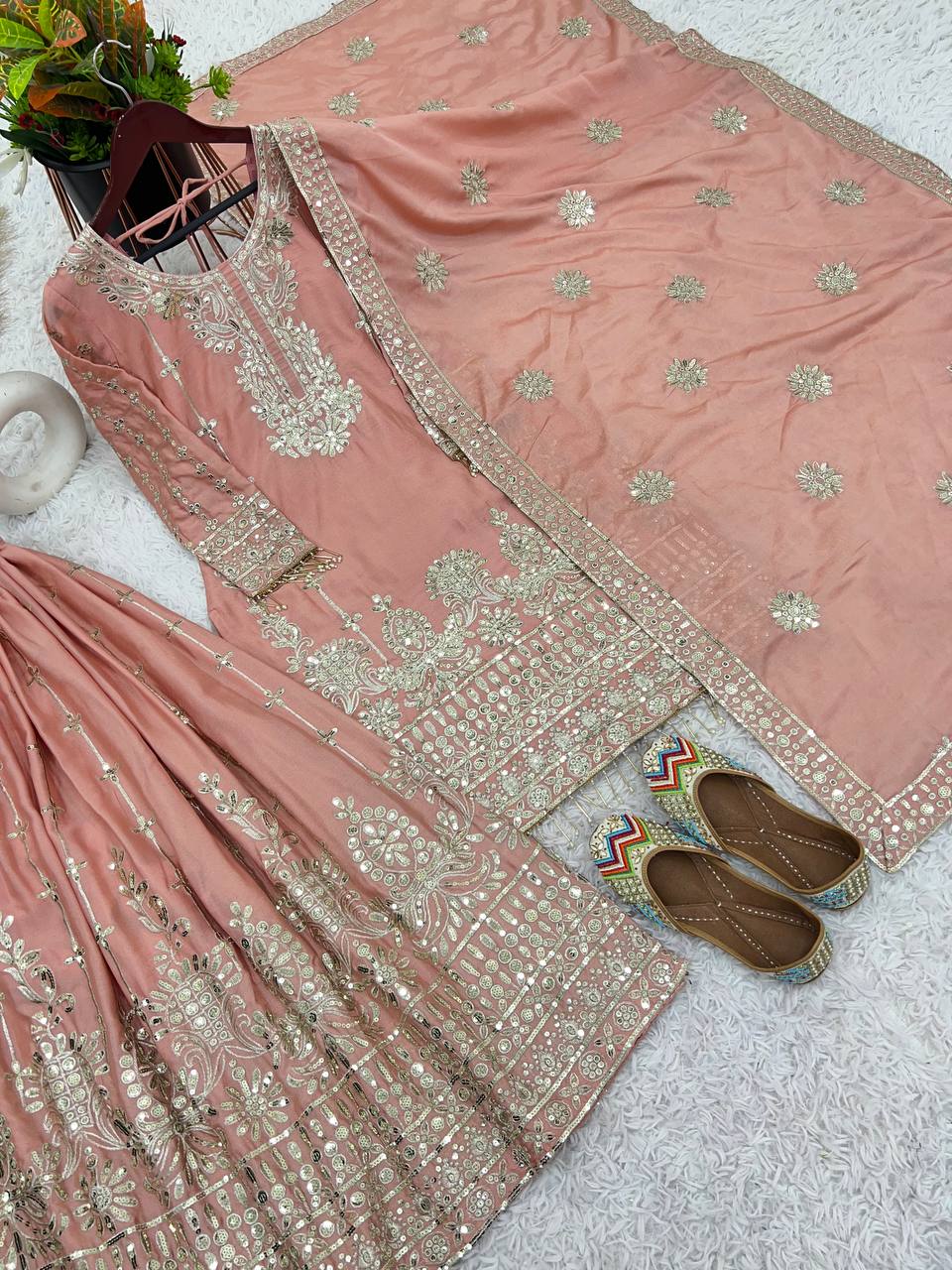 Festive Wear Peach Color Work Top Bottom And Dupatta Set