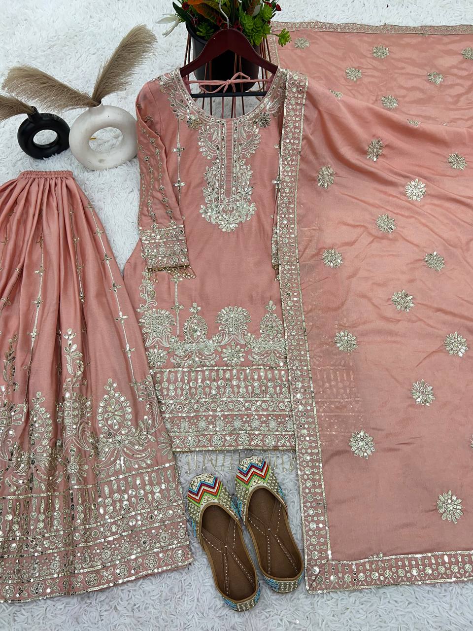 Festive Wear Peach Color Work Top Bottom And Dupatta Set