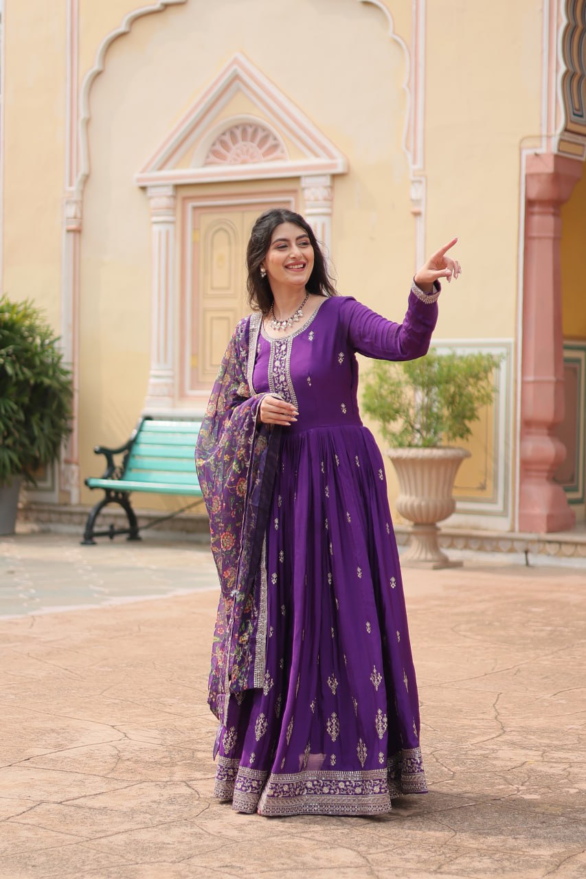 Rich Look Purple Color Heavy Work Gown With Dupatta