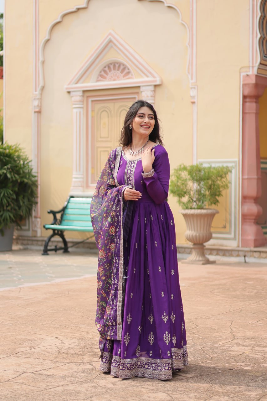 Rich Look Purple Color Heavy Work Gown With Dupatta