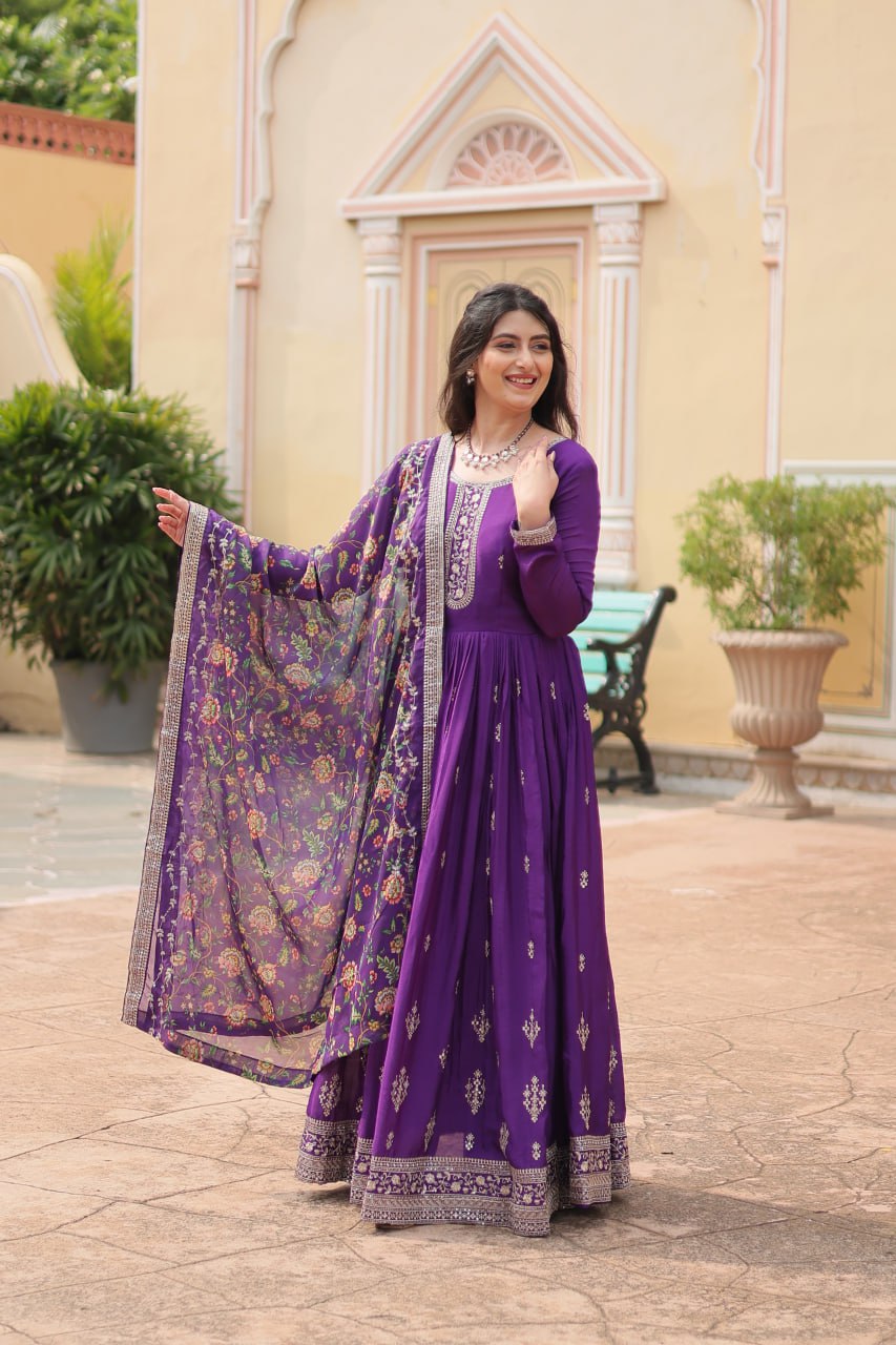 Rich Look Purple Color Heavy Work Gown With Dupatta