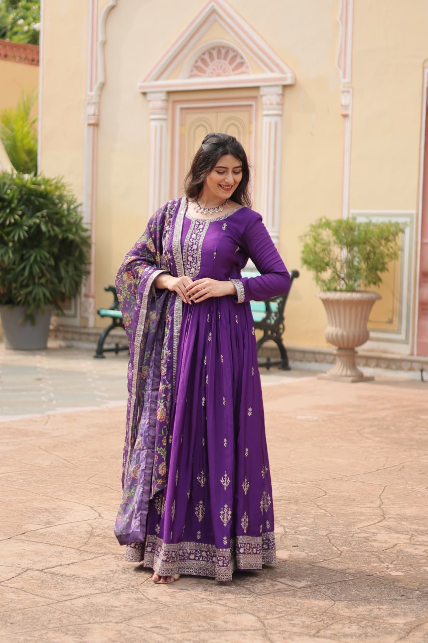 Rich Look Purple Color Heavy Work Gown With Dupatta