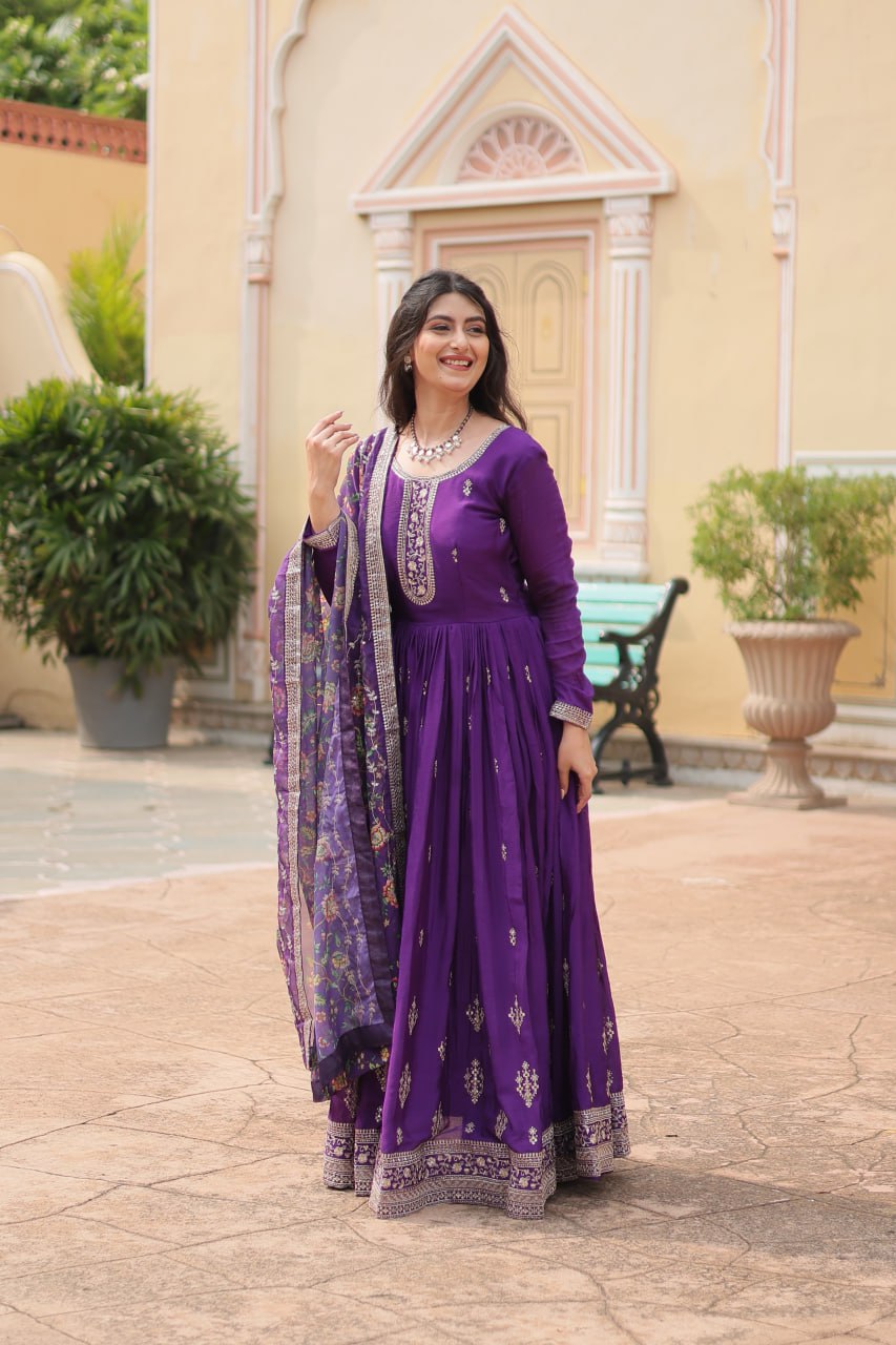 Rich Look Purple Color Heavy Work Gown With Dupatta