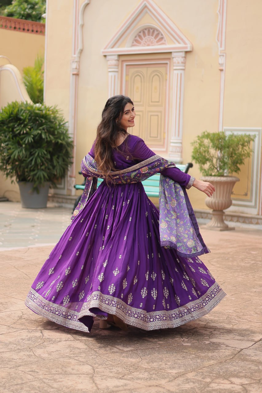 Rich Look Purple Color Heavy Work Gown With Dupatta