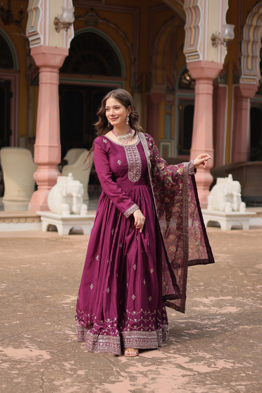 Rich Look Wine Color Heavy Work Gown With Dupatta