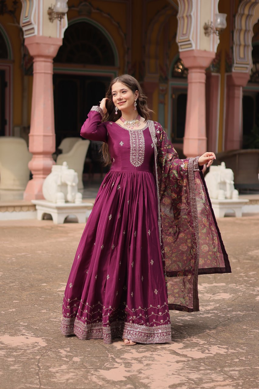 Rich Look Wine Color Heavy Work Gown With Dupatta