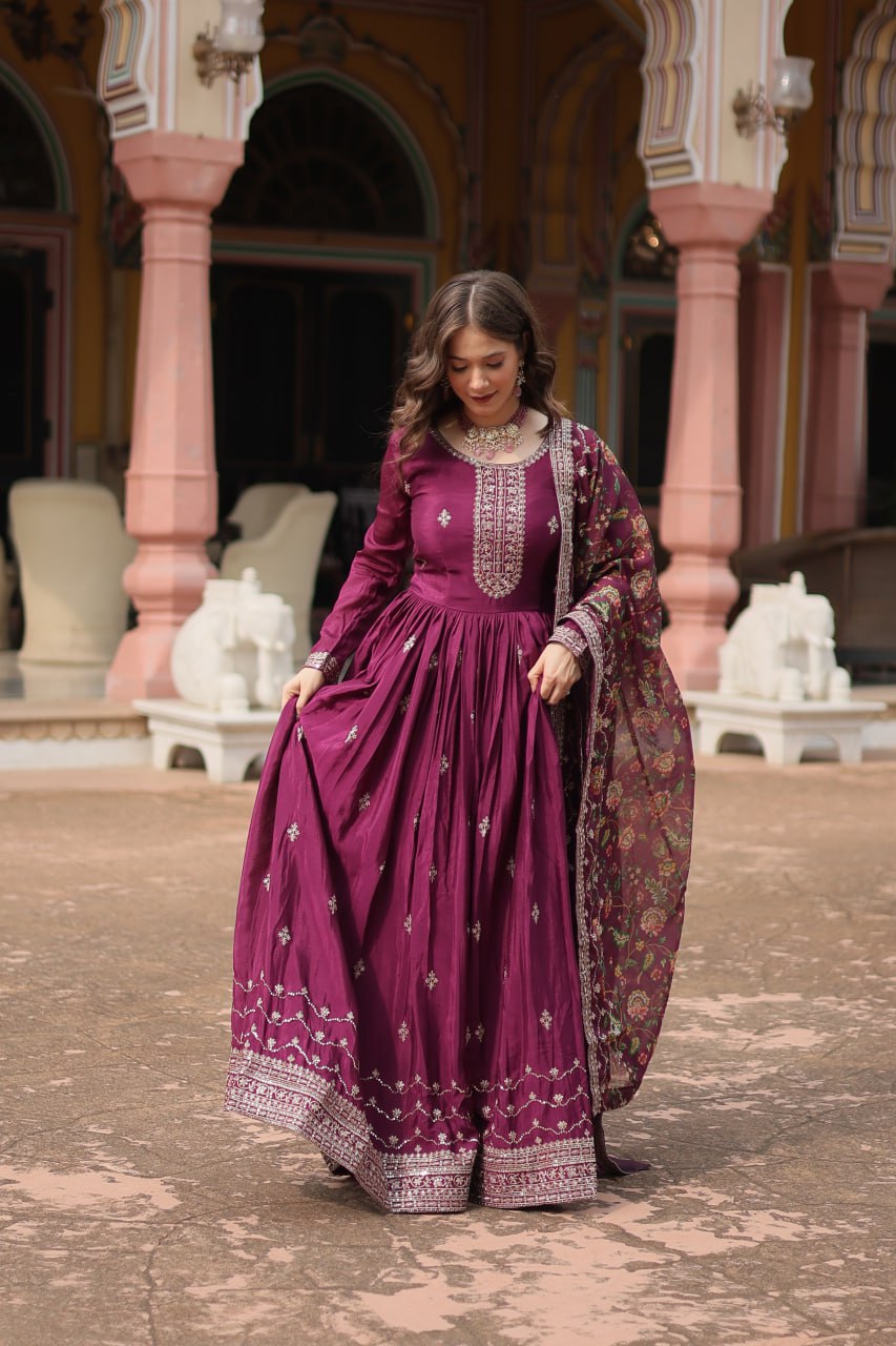 Rich Look Wine Color Heavy Work Gown With Dupatta