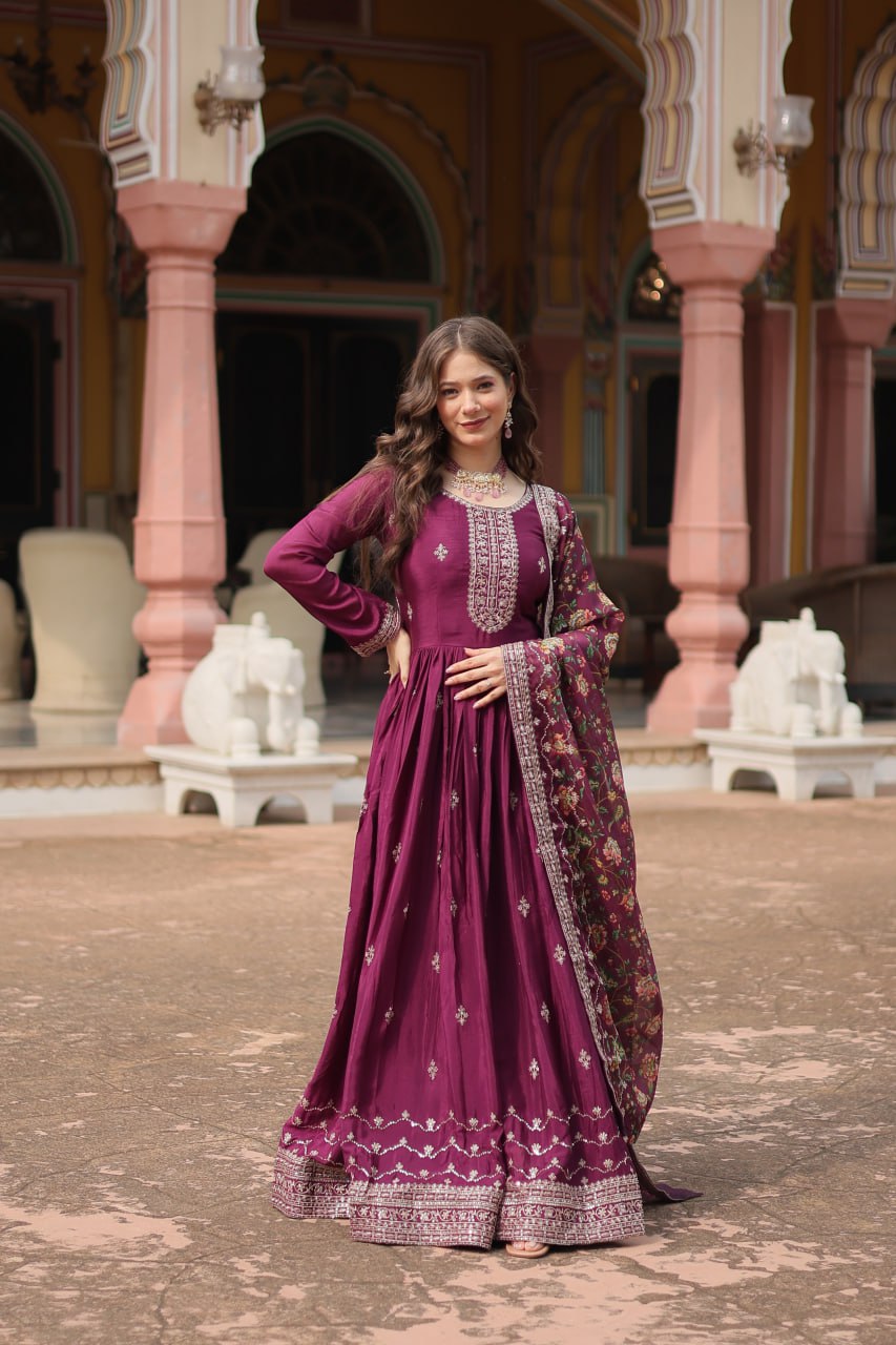 Rich Look Wine Color Heavy Work Gown With Dupatta