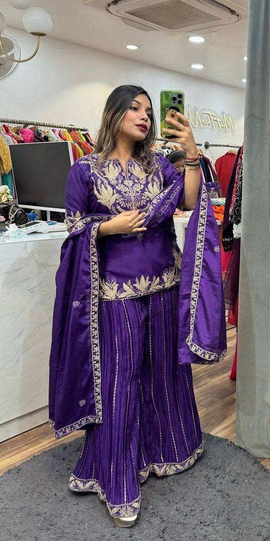 Glimmering  Chinnon Silk Sequence Work Purple Color Sharara Suit