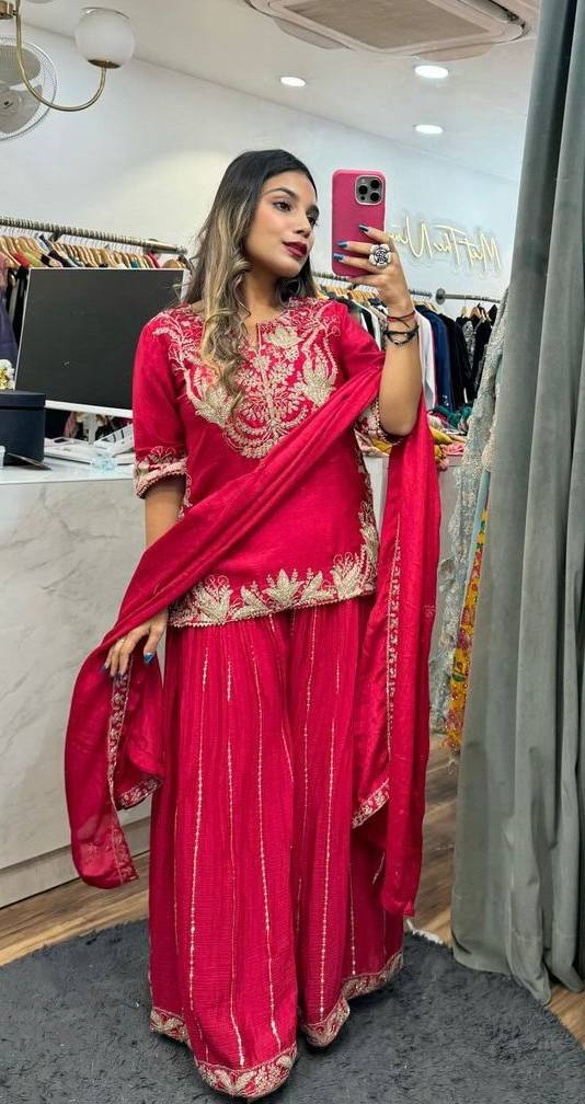 Glimmering  Chinnon Silk Sequence Work Red Color Sharara Suit