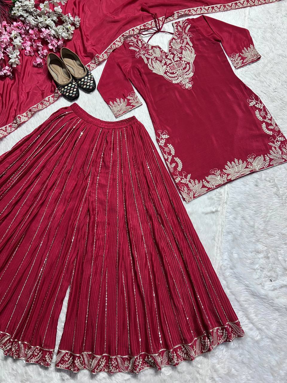 Glimmering  Chinnon Silk Sequence Work Red Color Sharara Suit