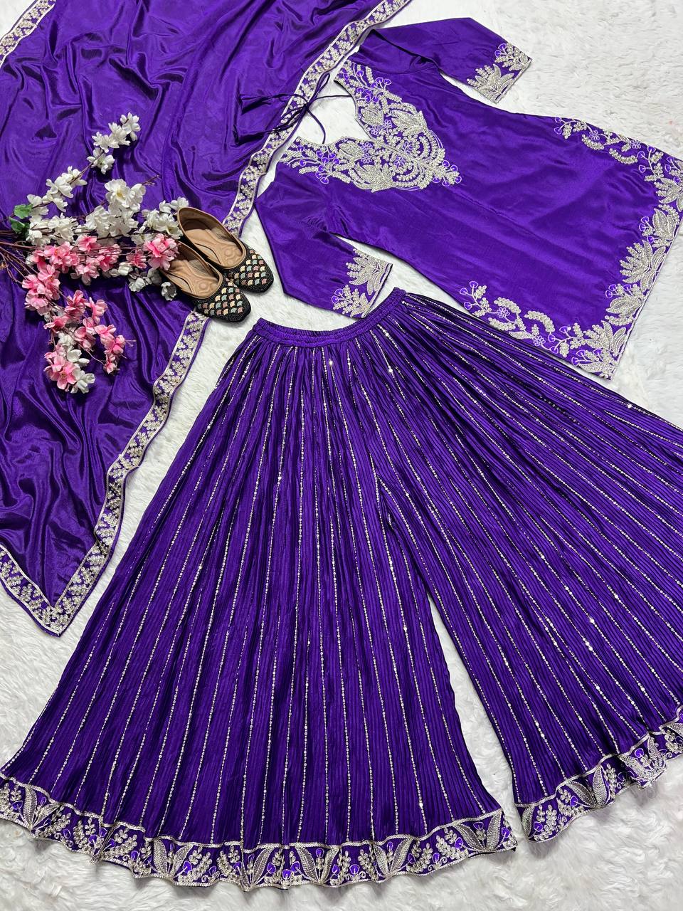 Glimmering  Chinnon Silk Sequence Work Purple Color Sharara Suit