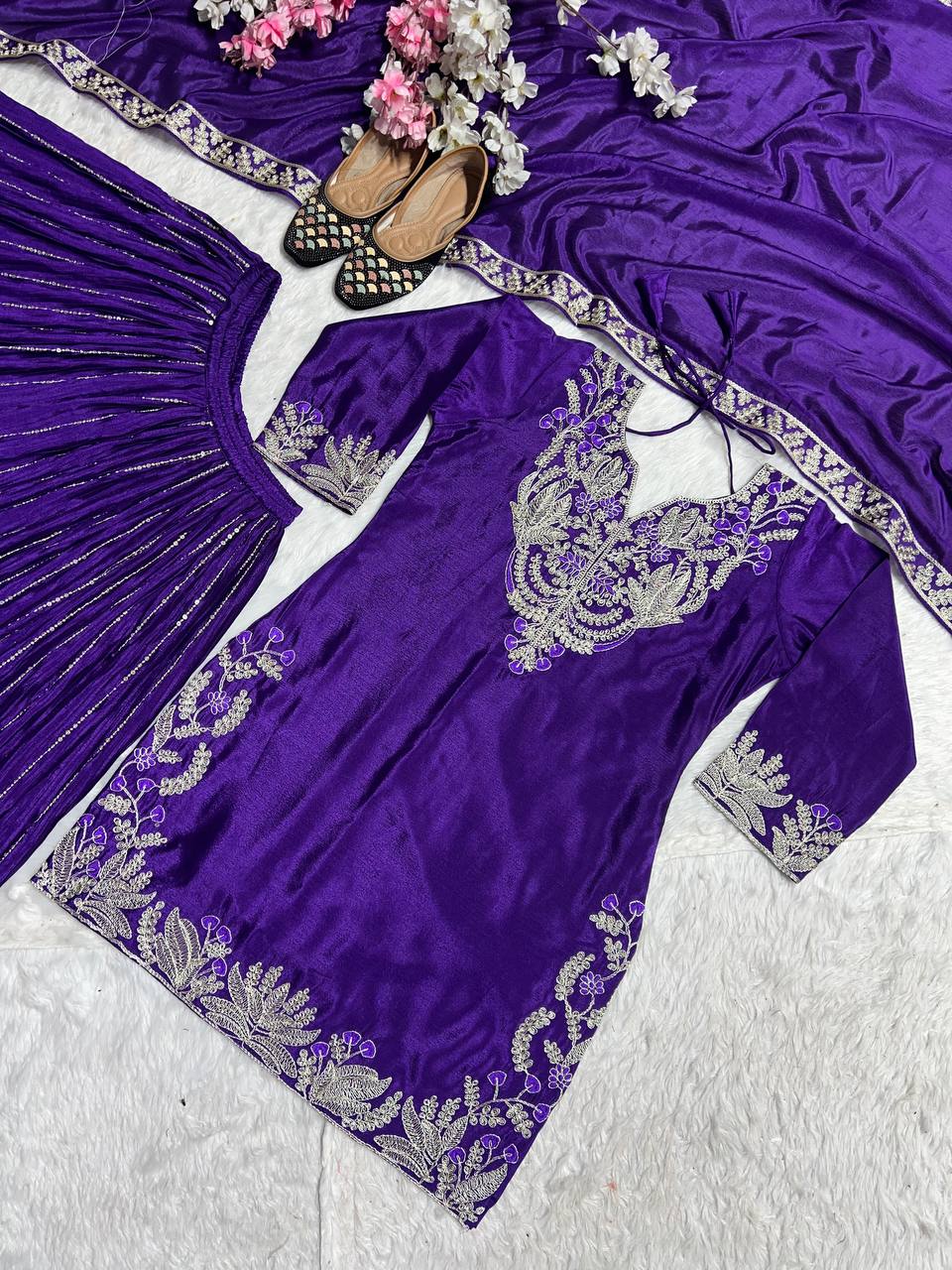 Glimmering  Chinnon Silk Sequence Work Purple Color Sharara Suit