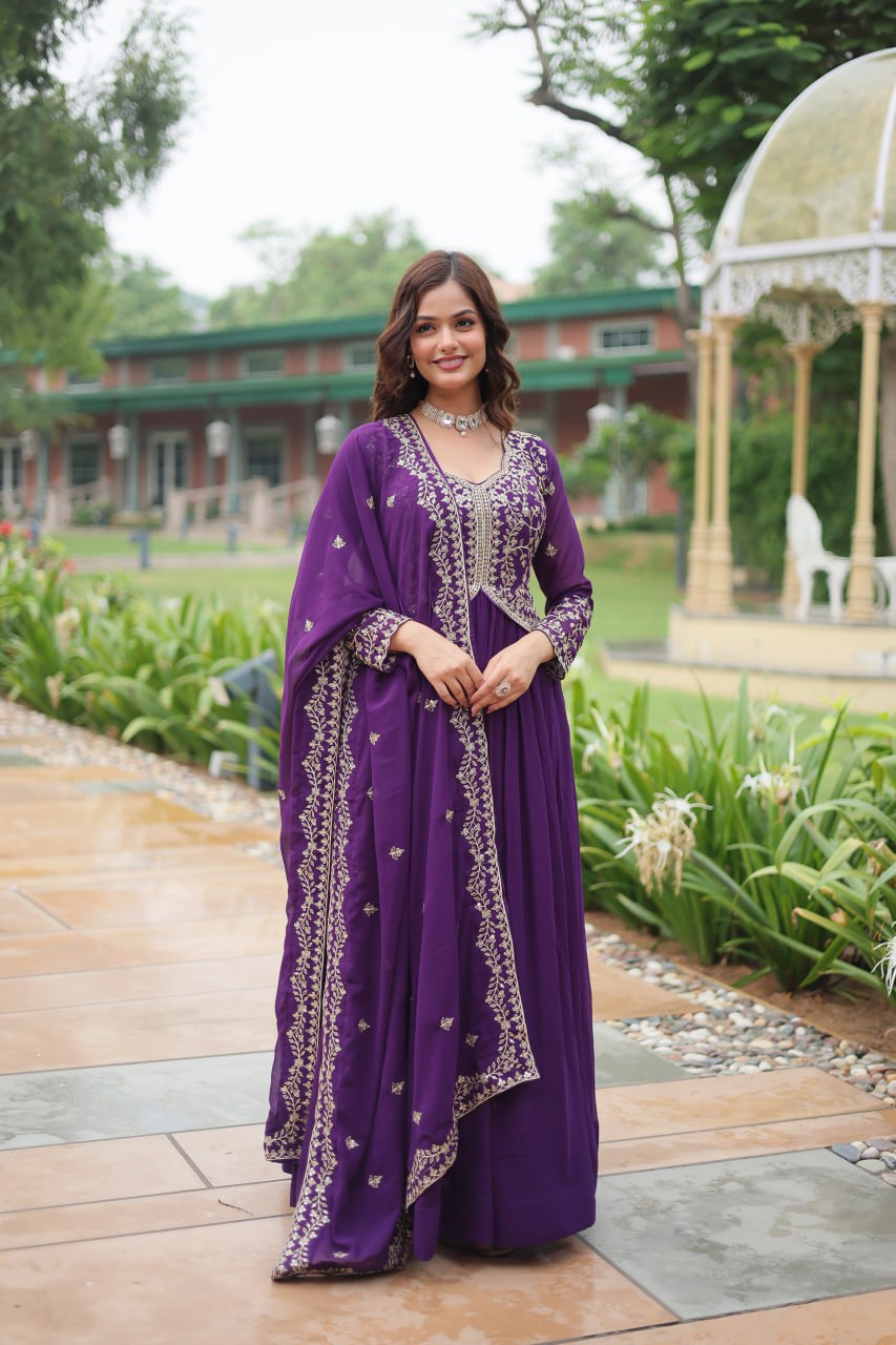 Fancy Neck Pattern Purple Color Glimmering Gown