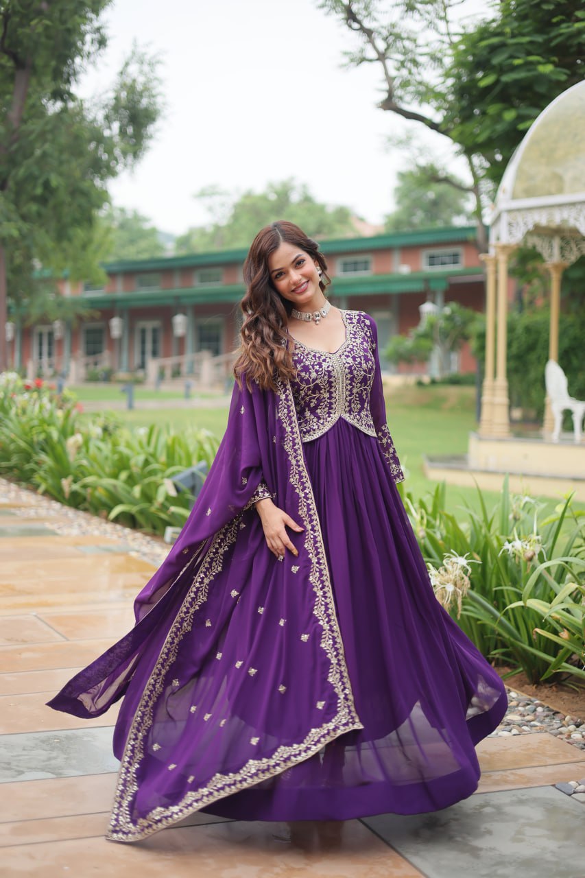 Fancy Neck Pattern Purple Color Glimmering Gown