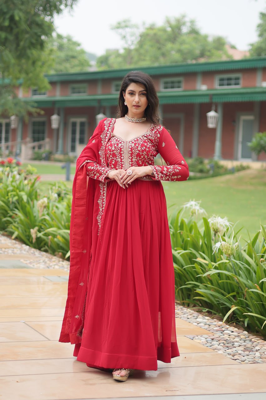 Fancy Neck Pattern Red Color Glimmering Gown