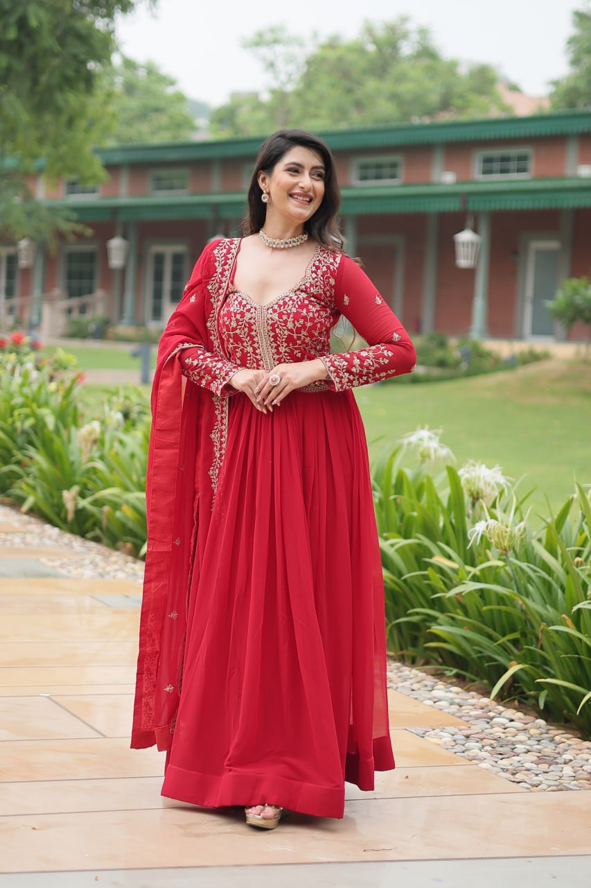 Fancy Neck Pattern Red Color Glimmering Gown