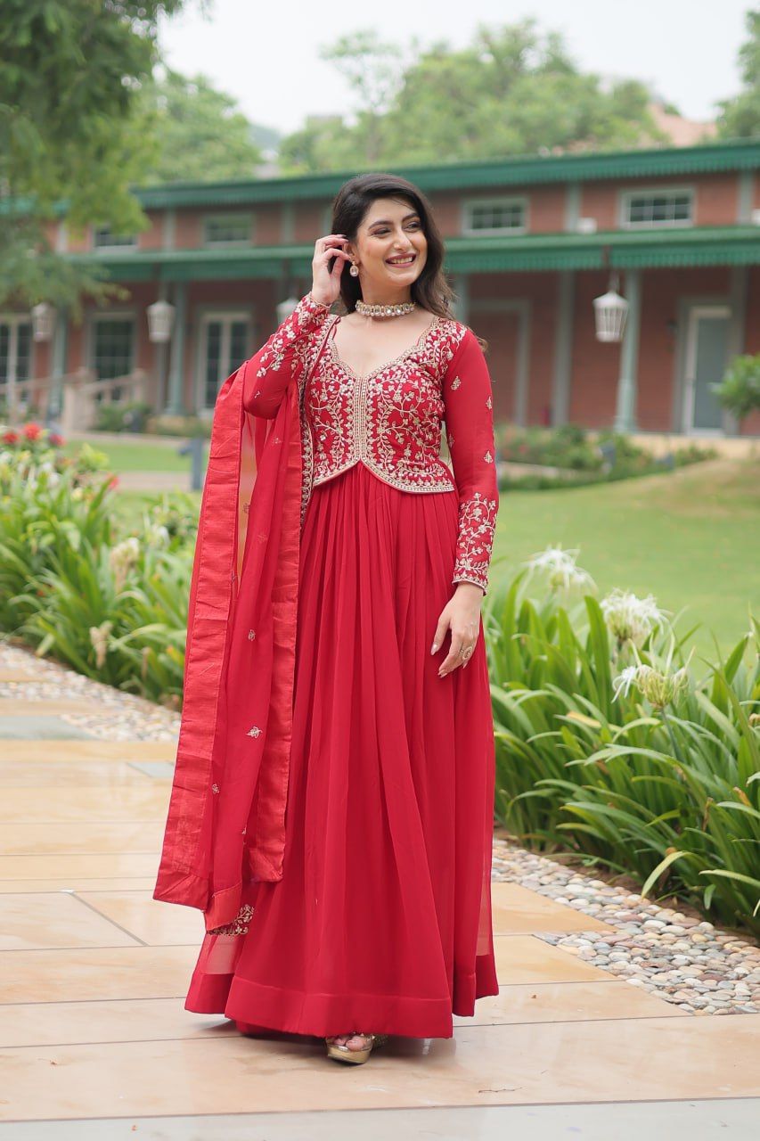 Fancy Neck Pattern Red Color Glimmering Gown