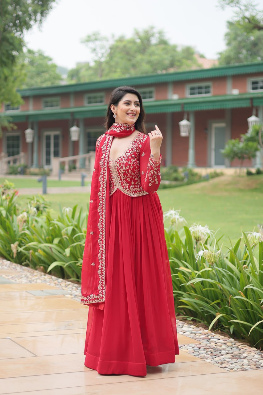 Fancy Neck Pattern Red Color Glimmering Gown