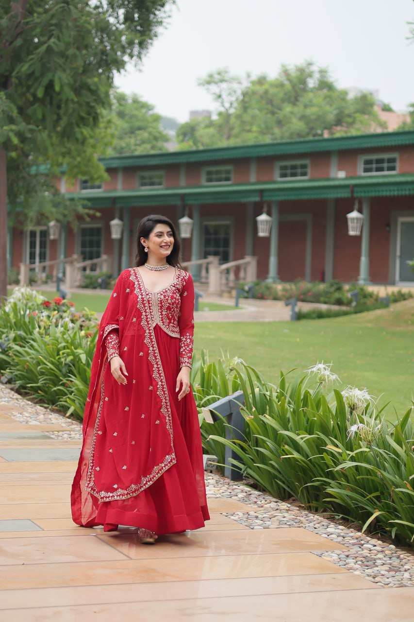 Fancy Neck Pattern Red Color Glimmering Gown