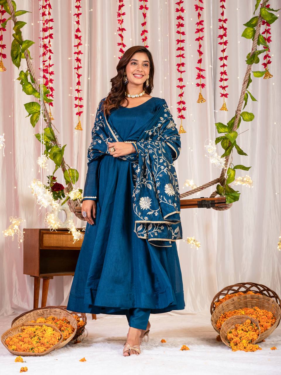 Function Wear Blue Color Vichitra Silk Gown