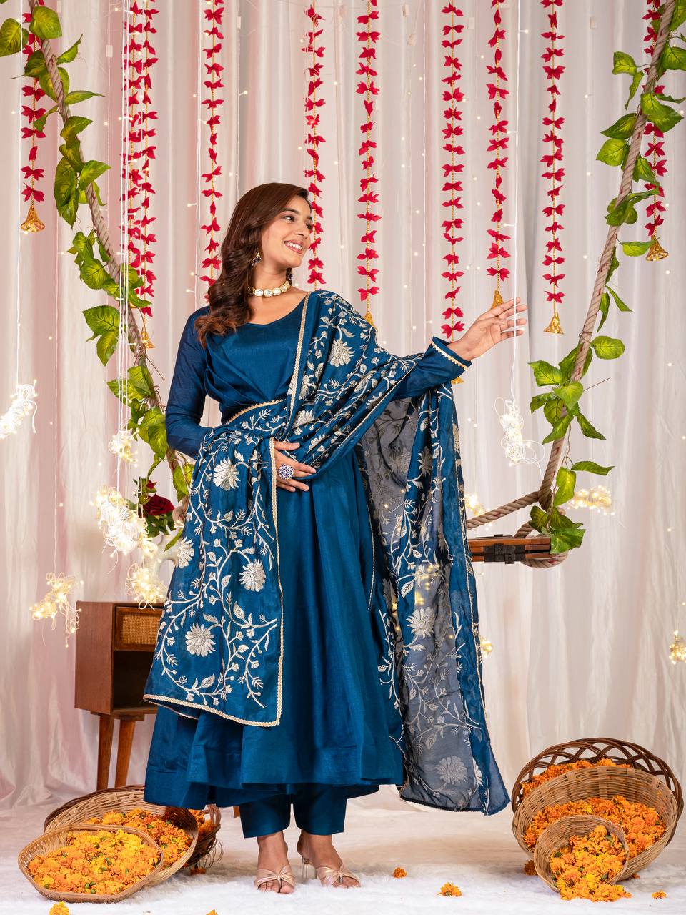 Function Wear Blue Color Vichitra Silk Gown