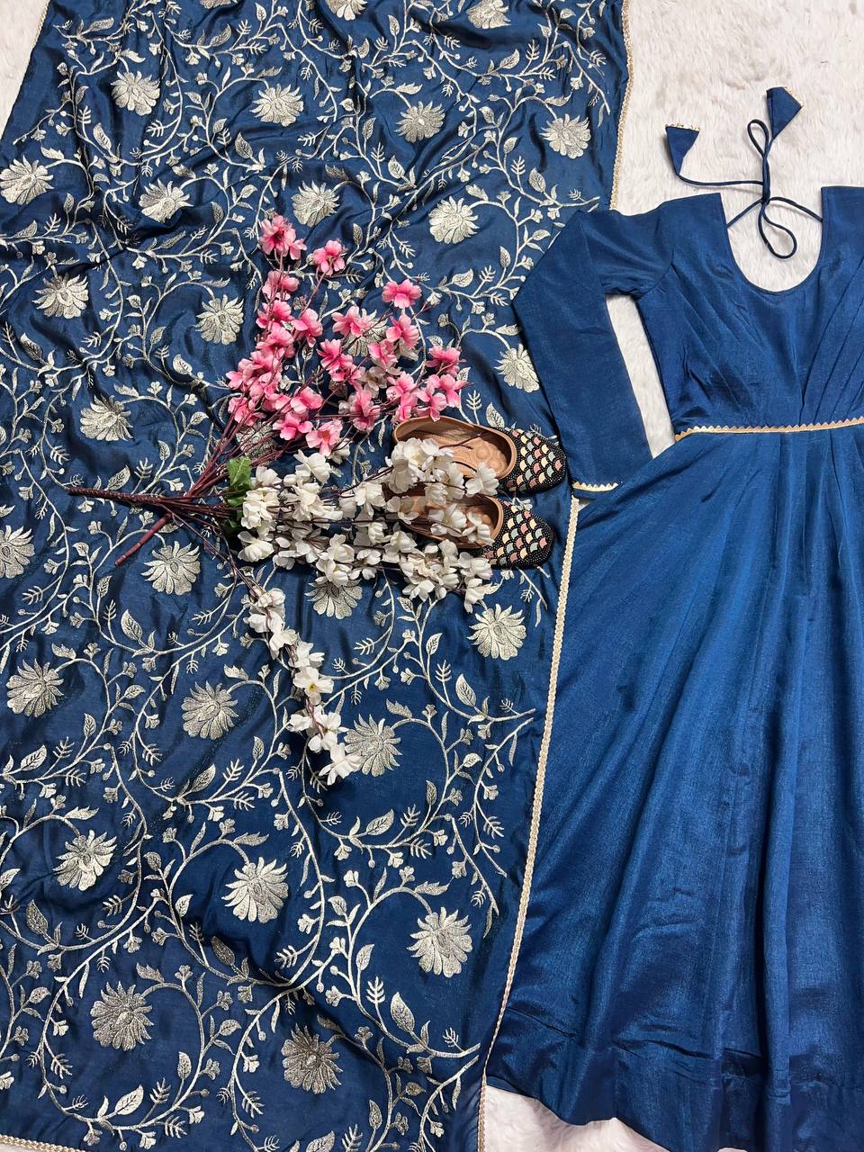 Function Wear Blue Color Vichitra Silk Gown