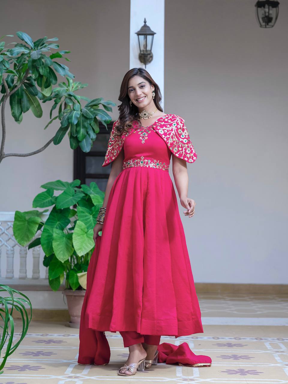 Festive Wear  Vichitra Silk Red Color Anarkali Gown