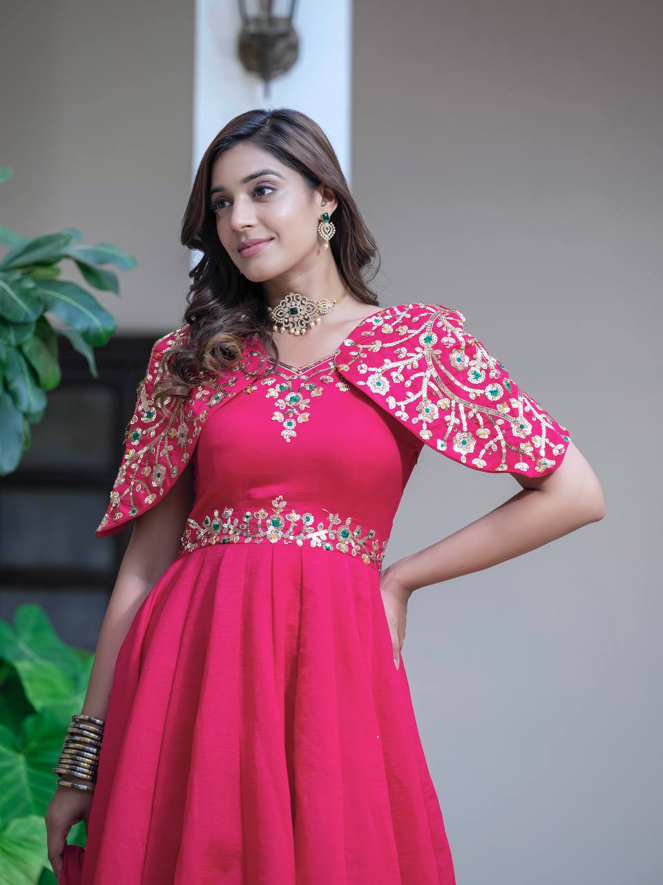 Festive Wear  Vichitra Silk Red Color Anarkali Gown