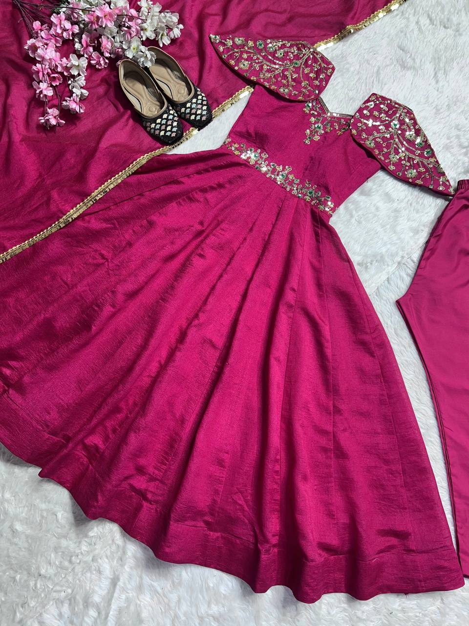 Festive Wear  Vichitra Silk Red Color Anarkali Gown