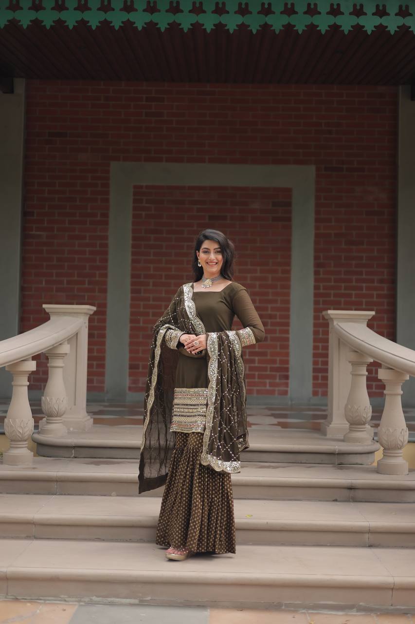 Amazing Mehndi Color Embroidery Work Sharara Suit