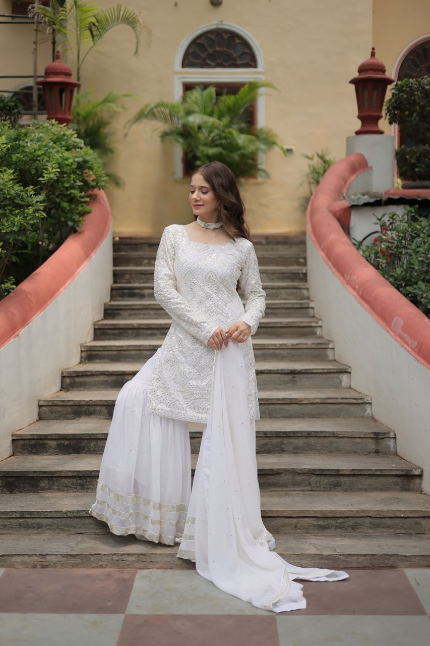Gorgeous Wear White Colour Sequence Work Sharara Suit